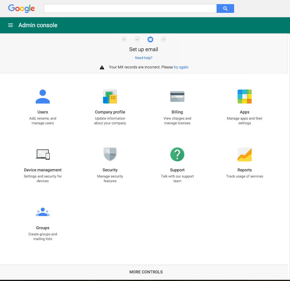 Google Apps dashboard with Groups icon visible