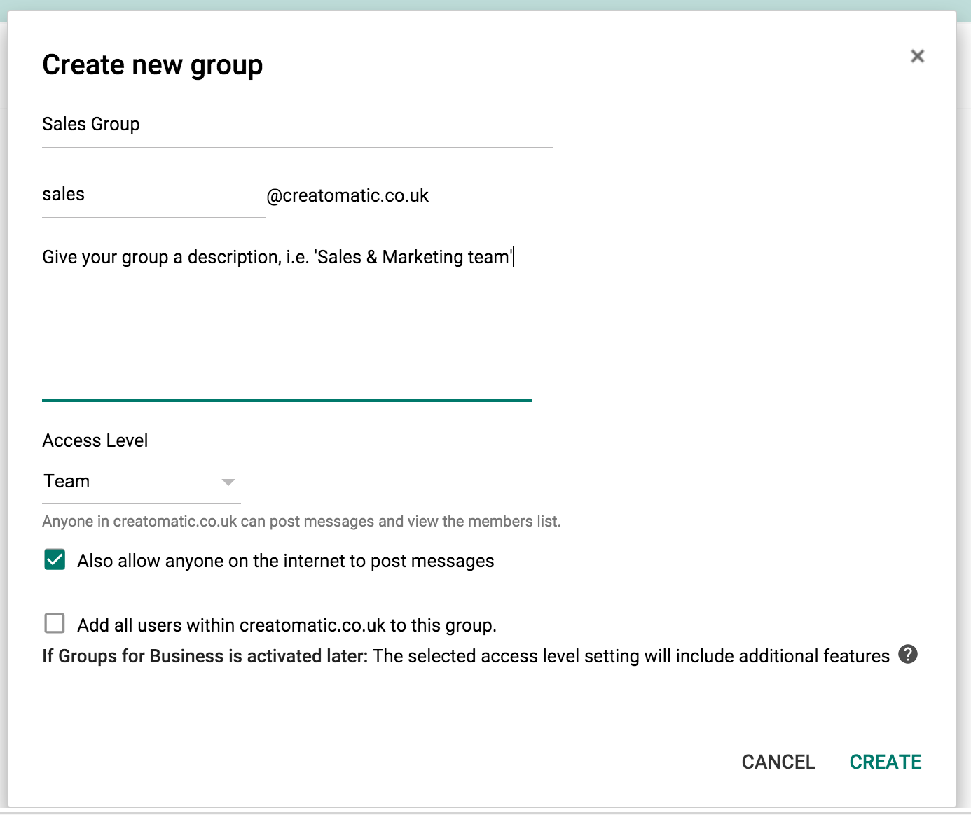 New Group details in Google Apps