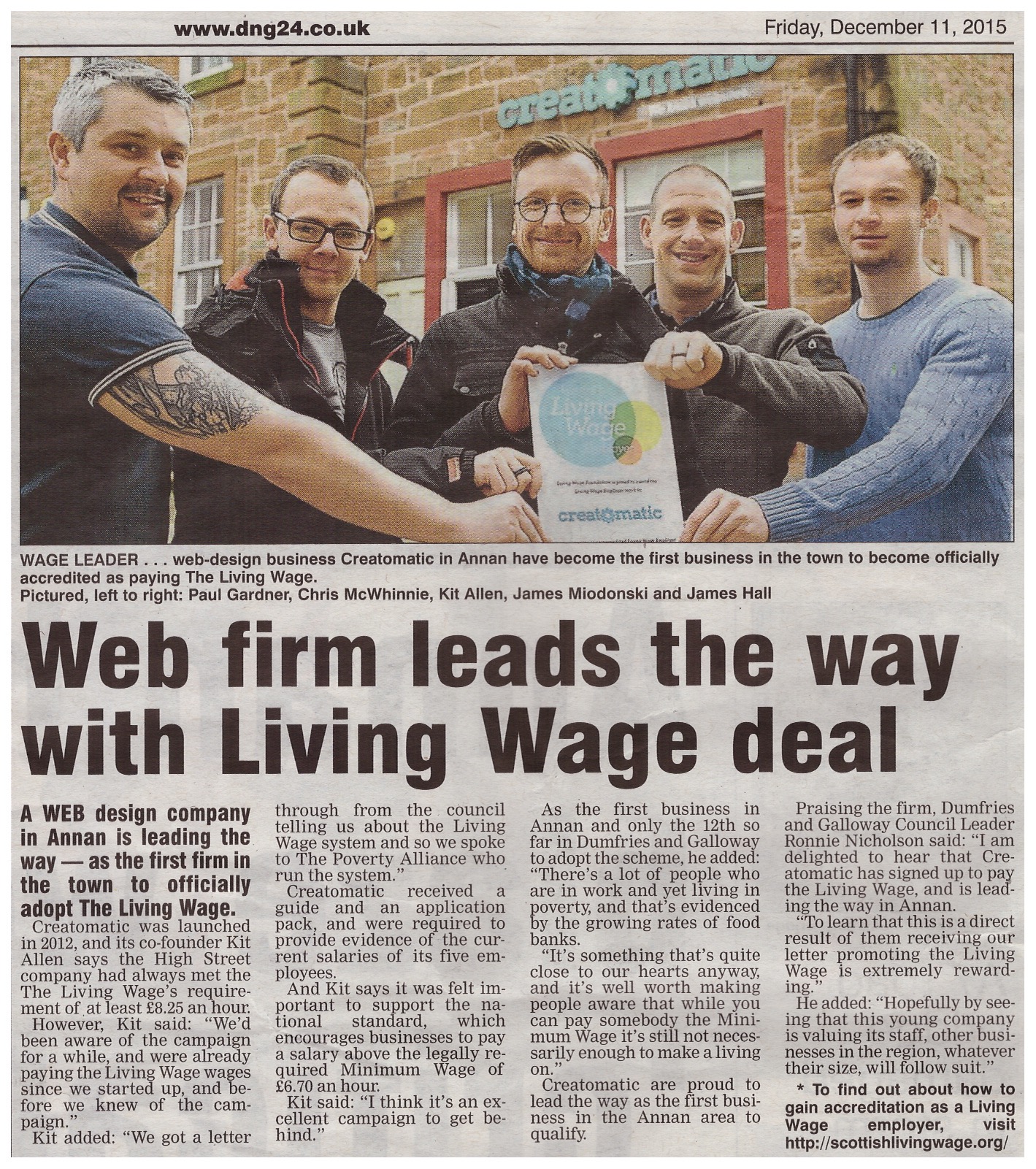 Creatomatic Living Wage article Annandale Observer
