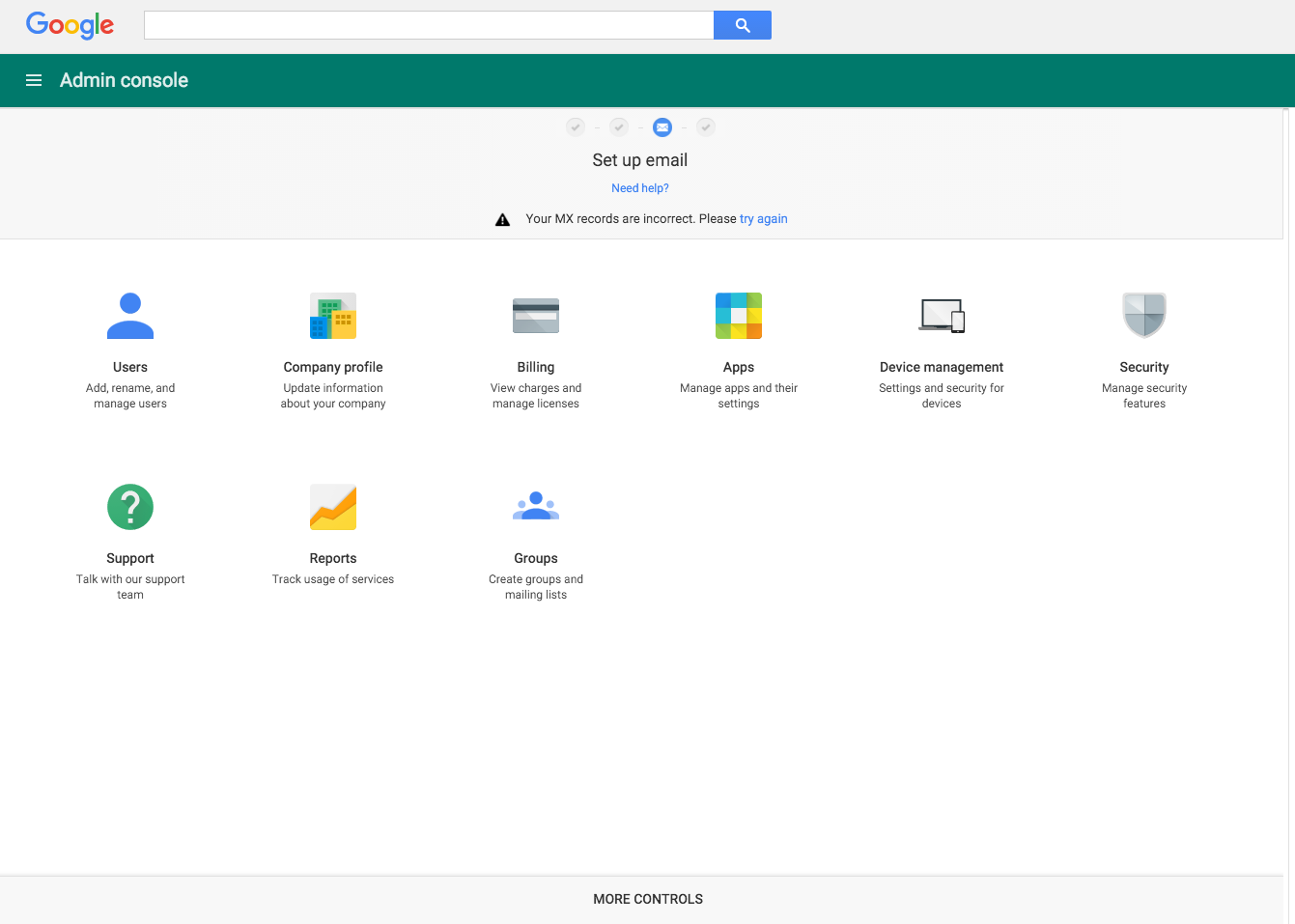 Google Apps dashboard with no Groups icon present
