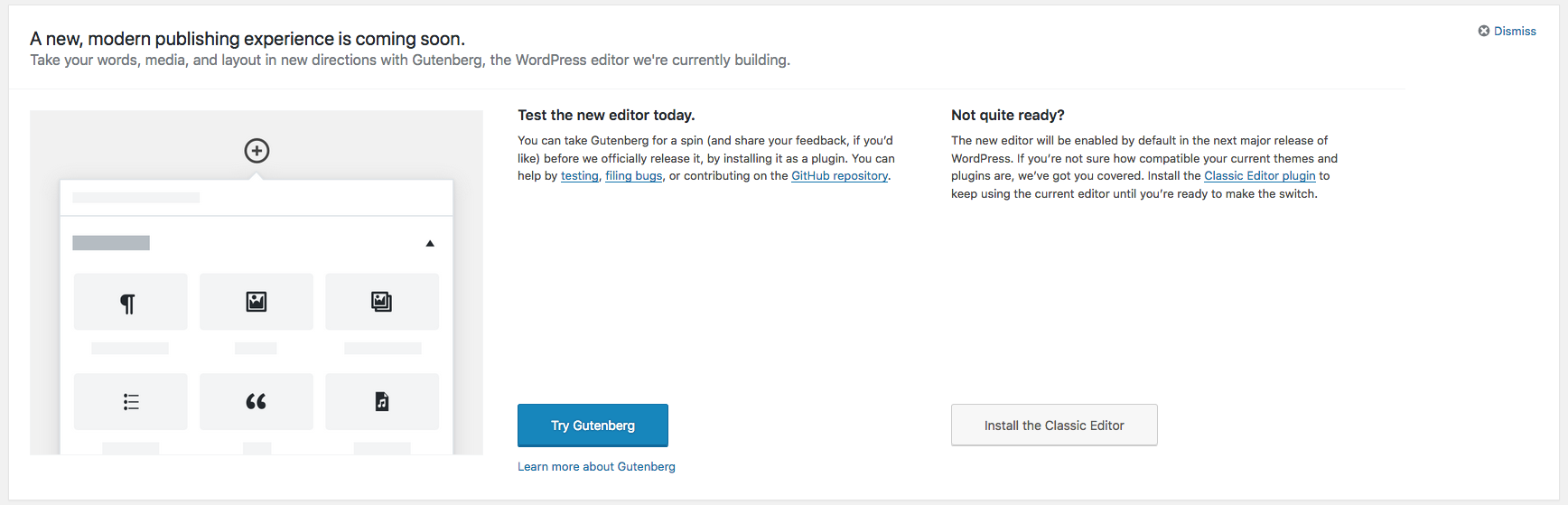 Gutenberg for WordPress prompt in WordPress dashboard